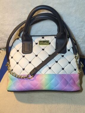 Betsey Johnson White Quilted Satchel with Pastel Rainbow Base NOW ONLY $35